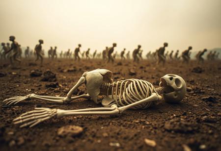 a skeleton lying on the ground, as we can see other skeletons march by. the image is one of giving in to the endless void.