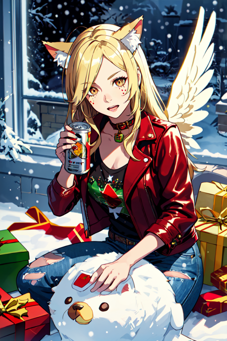 1girl, solo, brown eyes, blonde hair, detailed hair, detailed face, detailed eyes, official art,  BadBoyVibes-GenderFree   PringlesCanMAybe XmasTheme OsenayanFace