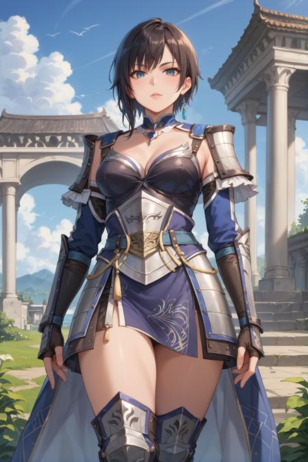 armor, gloves, short hair, jewelry, necklace, brown hair, black shorts  