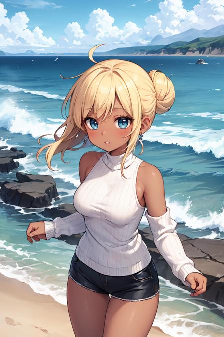 (masterpiece, best quality), Sweaters, Seductress, Short, Thin, Triangular Face, Dark Skin, Golden Blonde Hair, ice blue Eyes, [[Curved Nose]], Thick Lips, Round Chin, Shoulder-Length Hair, Straight Hair, Low Messy Bun, round breasts, Drop earrings, peach metallic lipstick, a frosted, windswept coastline with crashing waves