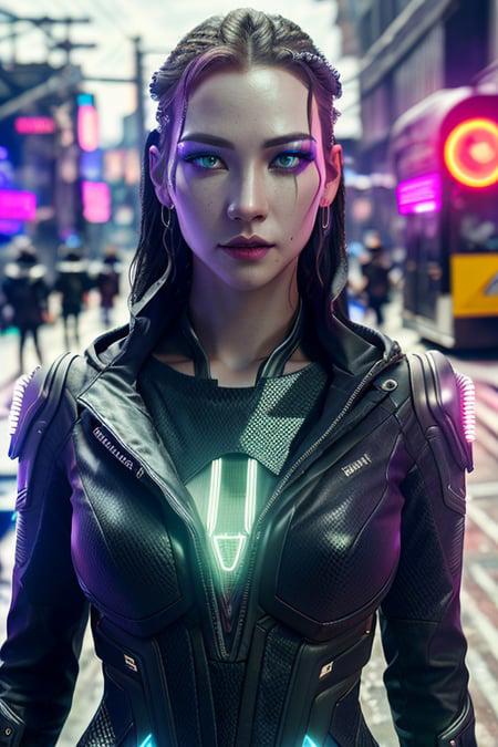 close-up rendering of aespakarina wearing cyberpunk suit, on the cyberpunk city street, ultra detailed, hyper realistic detail shiny skin, beautiful detailed stunning deep eyes, dramatic lighting, shot on SONY A7 IV, <lora:aespakarina23-dreambooth-v1:1>