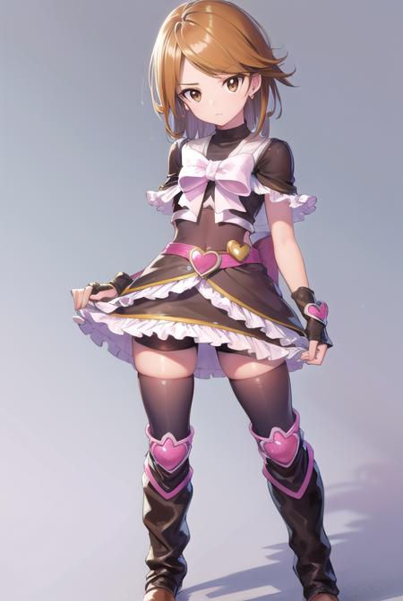 cure black, ahoge, (brown eyes:1.5), brown hair, eyelashes, short hair, (swept bangs:1.5), arm warmers, bike shorts, bike shorts under skirt, black footwear, black gloves, boots, bow, brooch, earrings, fingerless gloves, frilled legwear, frilled skirt, frilled sleeves, frills, gloves, heart, heart brooch, high heels, jewelry, knee boots, magical girl, ribbon, short sleeves, shorts, shorts under skirt, skirt,