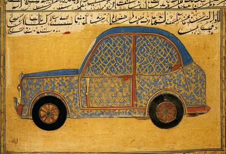 a medieval arabic painting of a car