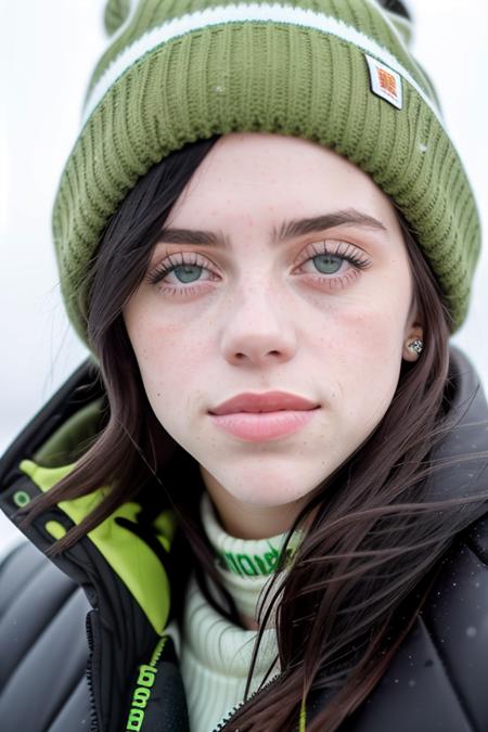 close up, RAW, analog style, 1girl, a side view full body height portrait of (BiL13L1SH) in winter clothes,( short dark hair), beautiful eyes, pale skin, beautiful winter background, ((high detailed skin, skin details)), sharp focus, volumetric fog, 8k uhd, dslr, high quality, film grain, Fujifilm XT3,(smiling,teeth)