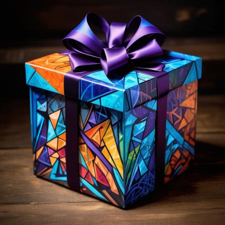 Astral Aura, graffiti style Cubism Art, gothic style Elemental present, icy symbolism, solitude steadfastness eternity <lora:Instant_Present:0.4> instant present, BOX_STYLE_HERE box, BOW_STYLE_HERE bow <lora:SDXLFrosted:0.8> FrostedStyle . dark, mysterious, haunting, dramatic, ornate, detailed, flat geometric forms, cubism art . street art, vibrant, urban, tag, mural, astral, colorful aura, vibrant energy, Gift Box, with ribbons,(( under a Christmas Tree))