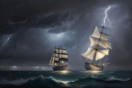 sailboat, storm, lightning, clouds, HDR (High Dynamic Range), Ivan Aivazovsky, Maximum Clarity And Sharpness, Multi-Layered Textures,nightsky background,