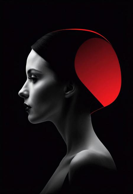 minimalist (stylized:1.2) vector art illustration, profile of a woman in a black and white and red color scheme, simplified shapes, flat colors,  negative space to achieve the illusion of a face, reduced details, strong geometric shapes, black background, highly stylized graphic design