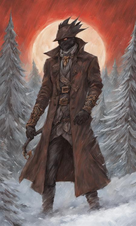 grunge style hunter, solo, looking at viewer, red eyes, 1boy, hat, male focus, artist name, coat, black headwear, mask, chain, border, mouth mask, hunter (bloodborne) , bloodborne, fighting, complex background, high detail, 3d art, weapon, artsy, stylized, giant red moon, wallpaper, snow, depth in field . textured, distressed, vintage, edgy, punk rock vibe, dirty, noisy