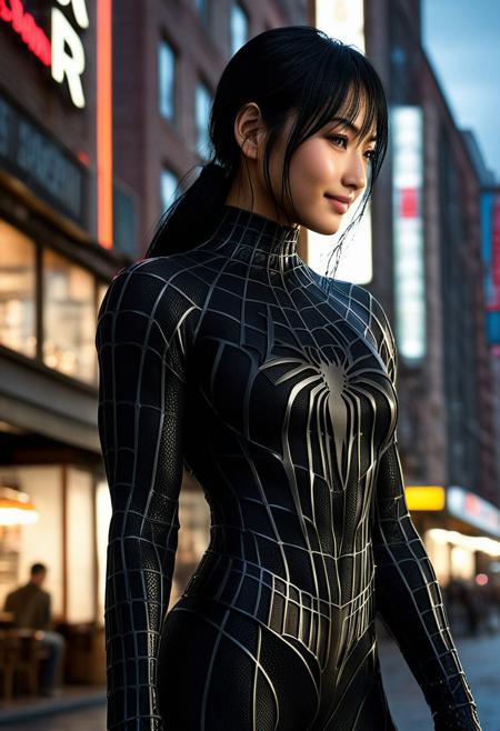 score_9, score_8_up, score_7_up, best quality, realistic, masterpiece, beautiful detail, hyperrealistic, cafe, ((1girl, woman body, huge breasts)), amazing detailed full body portrait of a beautiful japanese girl, wearing a realistic and highly detailed black raimi spider-man suit, ((huge muscular girl)), professional model wears ultra - detailed black raimi spider - man suit, ultra - detailed and grained black raimi spiderman suit, suit covered entire body and hand, black spiderman gloves, wet, (full body), (chilling pose), smile, black hair, octane render, highly detailed, volumetric, dramatic lighting, (highest quality:1.1), (HDR:1.3), (top quality, best quality), realistic, high definition, Expressionism - sharp focus, professional photography, masterpiece, ultra detailed photograph, high quality, 8k,