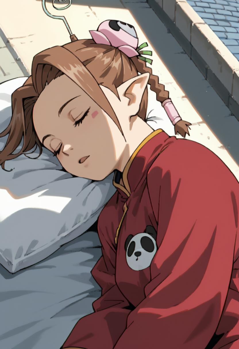 <lora:Karna_v1.0_Cibitai:1>,KARNA,brown hair,brown eyes,double bun,bun cover,pointy ears,twin braids,hair tubes,chinese clothes,antenna head,sleeping ,on the  roof, score_9, score_8_up, score_7_up,source_anime, cinematic lighting,shadow,chromatic aberration