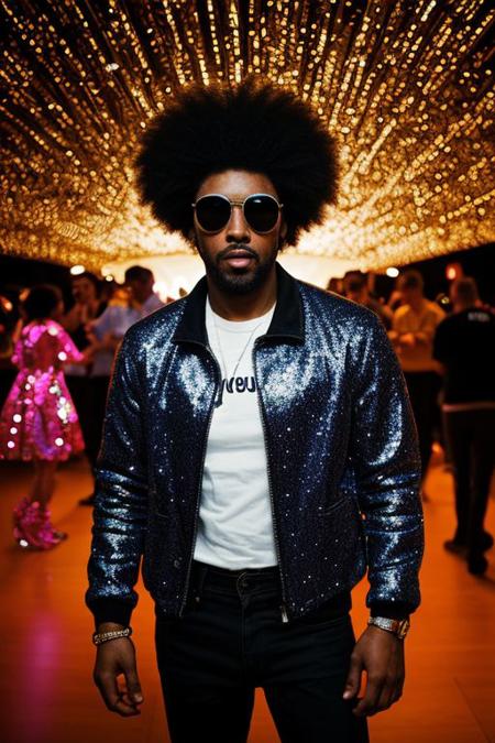 raw photo, upper body, disco, (80s, retro:1.1), dance floor, lasers, rainbow theme, a dancer man, 30 years old, sunglasses, big afro, (manly, wide jaw:1.2), dark skin, sparkly jacket, golden shirt, (vibrant colors:0.9),  (muted colors,cinematic, dim colors, soothing tones)