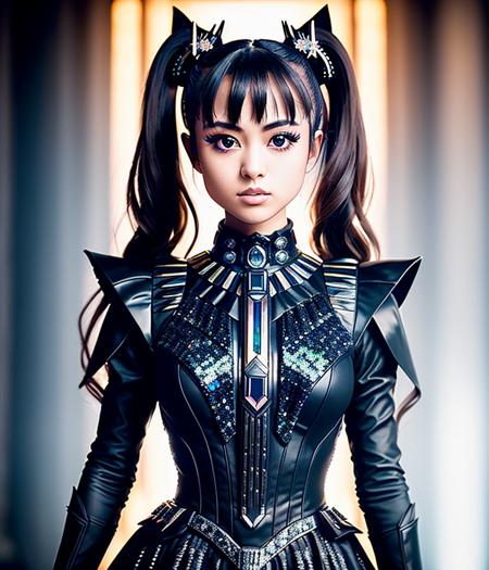 RAW photo, hyper real photo of moametal2 person with twintails hair in black dress with iridescent sequined outfit that glimmers in the light reflections, Perfect hands, solo, , futuristic gothic style, black lether and steel studs, a music album cover, space galaxy in background, metal rock music concert, heavy metal style, pixiv contest winner, precisionism, official art, high resolution, uhd image, best quality masterpiece, photorealistic, detailed, 8k, HDR, shallow depth of field, broad light, high contrast, ((dark background with ancient temple)), ((old stone statues of fox god)), backlighting, bloom, light sparkles, chromatic aberration, sharp focus, RAW color photo, film still, Film-like, bokeh, 3d, cinematic lighting, 8k resolution, Nikon 85mm, Award Winning, Glamour Photograph, extremely detailed, high quality, film grain  <lora:MoaMetal:1>