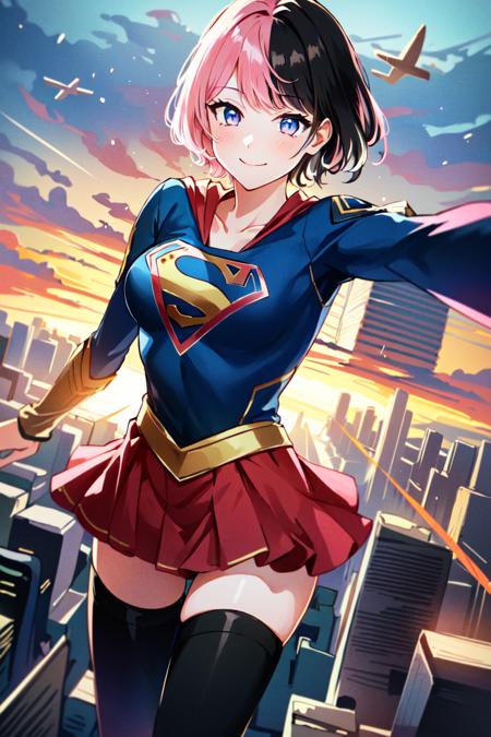 TachibanaHinano, 1girl, solo, short hair, medium breasts, (split-color hair, black hair, pink hair:1.3), blue eyes, smile, <lora:TachibanaHinano-06:1>, 8k, masterpiece, best quality, absurdres, perfect anatomy, cinematic lighting, cowboy shot, (supergirl costume:1.1), (flying, flying over city:1.2)