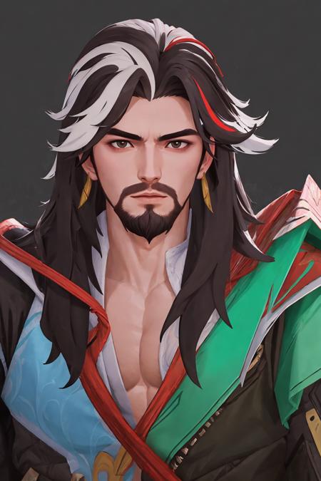 guanyu,white bangs,Streaked hair,1boy,masterpiece, best quality,face, long beard,<lora:guanyu-3-000008:1>