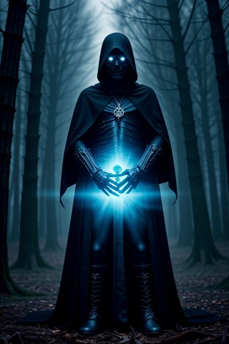 <lora:LCM_LoRA_Weights_SD15:1>,<lora:detail_slider_v4:1.1>,(malevolent lich) with blue eyes, wearing a black ceremonial garb, shadowy boots, clutching a ancient tome with chains, surrounded by surrounded by a glowing aura, set in a dark, haunted forest, with twisted trees, dense fog, a sense of foreboding, amidst swirling mist,