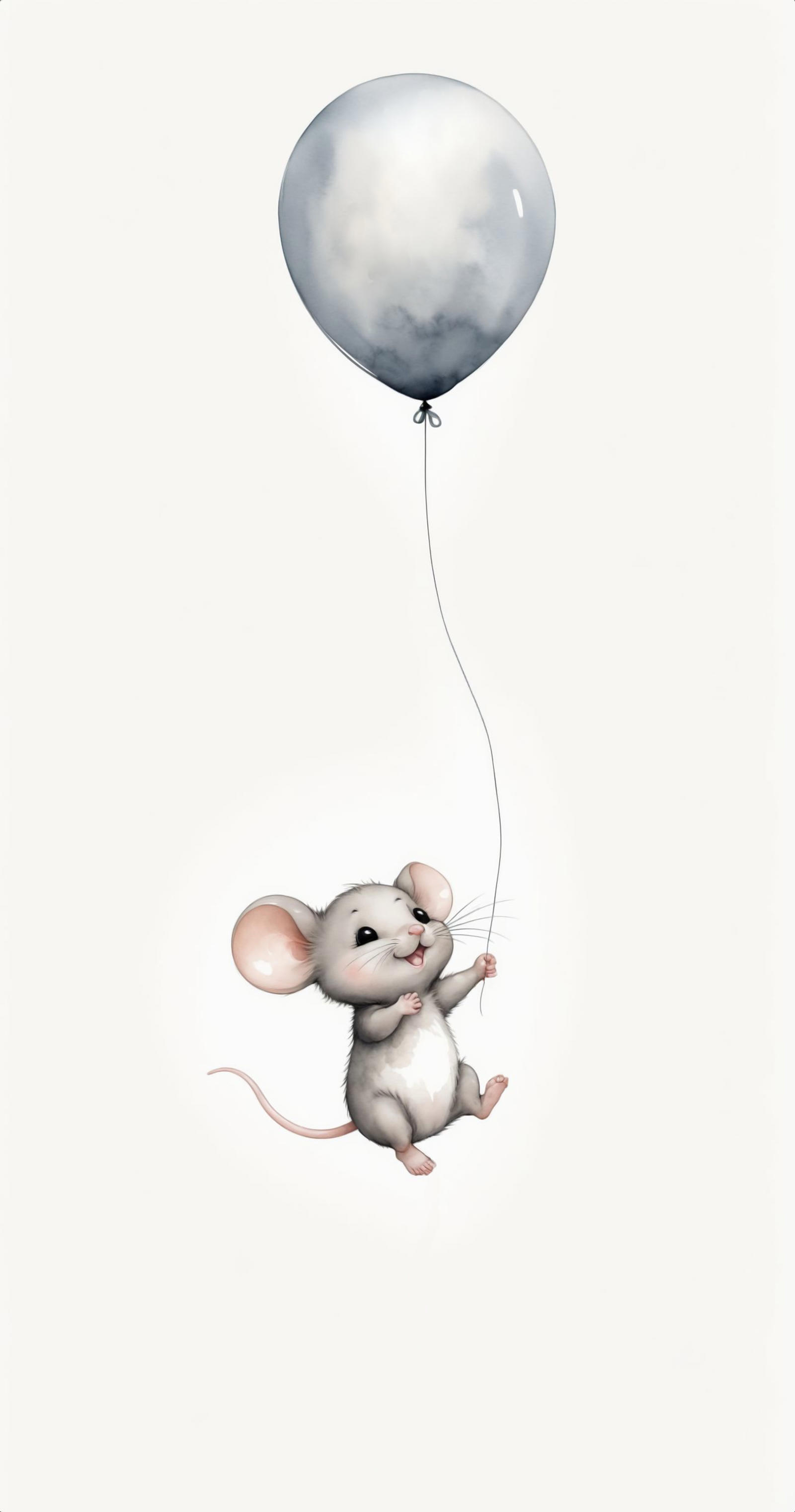 A cute mouse with a balloon holding it up.