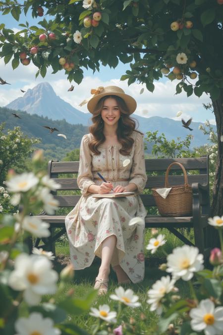 A serene portrait of a joyful elegant woman, flowing hair and vintage outfit, adorned with a hat tied with ribbon, sits effortlessly near the wooden bench under the apple tree. She writes with ease, surrounded by a basket, falling petals, and soft focus. The blurred foreground features mountain, butterfly, birds, white flowers, and foliage, creating a dreamy atmosphere.