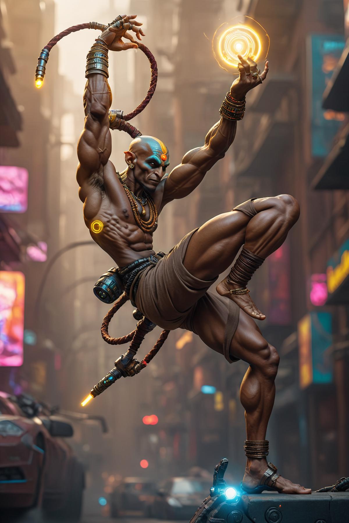 3D animated image of a shirtless man with a blue headband and blue eyes, wearing a brown loincloth, jumping with a rope in his hand.