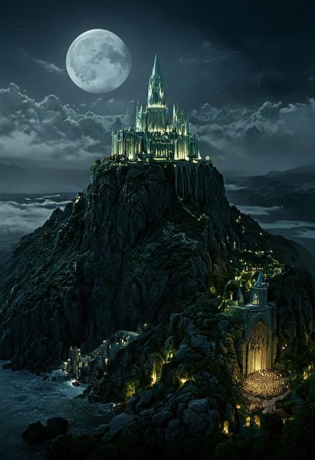 Inspired by J.R.R. Tolkien's epic saga, delve into the mesmerizing world of Middle-earth with this hyper-detailed masterpiece. Behold the awe-inspiring majesty of the White City of Gondor, perched upon the cliffs of Minas Tirith amidst a swirling mist of clouds.
Capture the breathtaking expanse of the city, its towering spires and marble walls rising majestically from the lush greenery that surrounds it. Adorned with intricate carvings and banners bearing the sigils of the noble houses, Minas Tirith stands as a beacon of hope in the war-torn lands of Middle-earth.
At its heart lies the Citadel, a fortress of stone and steel where the steward of Gondor holds court. Against the backdrop of a mystical starry sky, the city is bathed in soft moonlight, casting shadows that dance along its ancient walls.
As you explore this cinematic composition, immerse yourself in the rich history and lore of Middle-earth. With cozy light that illuminates every corner and volumetric lighting that adds depth to the scene, this cinematic film still captures the timeless beauty of Tolkien's masterpiece with unparalleled detail and realism.
cinematic composition, soft shadows, national geographic style,cozy light, cinematic lighting, volumetric lighting, Film grain, cinematic film still, shallow depth of field, highly detailed, extremely detailed, vntblk, black, dark, background, Chiaroscuro Lighting Style