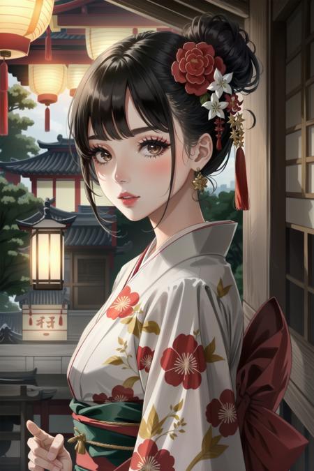 1girl, solo, hair ornament, lantern, looking at viewer, earrings, jewelry, kimono, japanese clothes, upper body, floral print, brown eyes, bangs, tassel, flower, sash, night, outdoors, black hair, hair flower, lips, parted lips, tree, red kimono, obi, red lips, paper lantern, eyelashes, sky, blurry, makeup, hair bun, architecture, east asian architecture