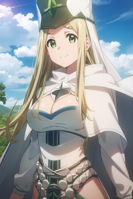 bofurimisery, <lora:bofuri misery s2-lora-nochekaiser:1>,
misery, long hair, blonde hair, (green eyes:1.5), smile,
BREAK hat, cleavage, cape, white cape, dress, white dress, long sleeves,
BREAK outdoors, forest, nature, sky, sun, clouds,
BREAK looking at viewer,
BREAK <lyco:GoodHands-beta2:1>, (masterpiece:1.2), best quality, high resolution, unity 8k wallpaper, (illustration:0.8), (beautiful detailed eyes:1.6), extremely detailed face, perfect lighting, extremely detailed CG, (perfect hands, perfect anatomy),