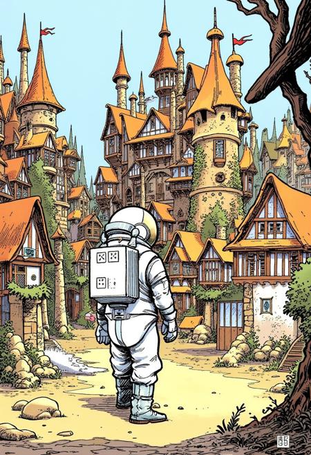 An astronaut strolls through a whimsical fantasy town with intricate architecture. By Loisel