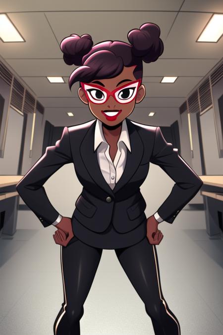 <lora:april_rtmnt:0.7>  masterpiece, best quality, 1girl, solo, smile, short hair, dark skin, black eyes, double bun, makeup, glasses, lipstick, dot pupils, indoors, black suit, black jacket, collared shirt, long sleeves, black pants, hands on hips,