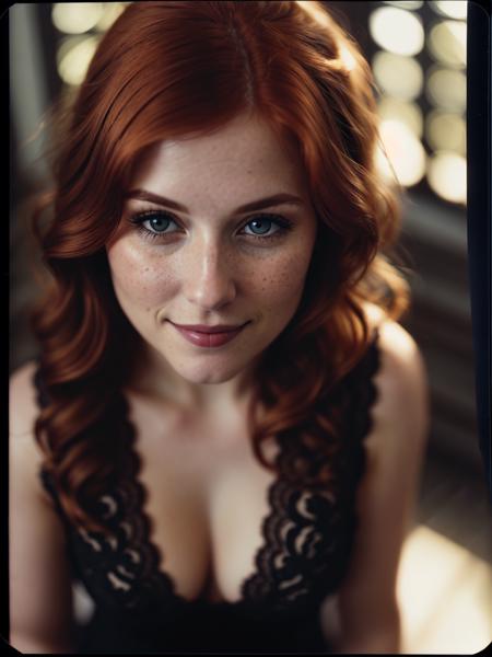 (polaroid), RAW photo, (intricate detailed eyes), alone, from low, close up portrait, cheeky smile, 30 yo redhead (woman), thicc, sitting, lace vest, (looking at the camera), intricate details, (arms raised behind head), skin imperfections, halo of light, midday sunlight streaks spilling over face, face details, unbelievable intricate details, dark shadows, (dark cathedral), real lighting, bloom, volumetric lighting, cinematic lights (ultra skin texture)