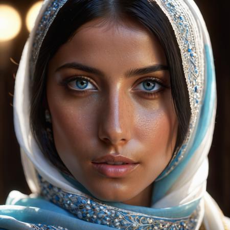 (masterpiece:1.2) (extremely detailed:1.2) {portrait of Breathtaking arabian 1women, (baby blue eyes color), (highly detailed shiny skin texture:2), freckles, blemishes, skin pores, exquisite face features, (black long bob haircut), (white scarf), dark room}} (close-up shot:1.5), Front view, (Silhouette), spotlight, (Hard shadows:2), rim lighting, hyperrealistic, hyperrealism, unreal engine, 8k, sharp focus, depth of field, Motion Lines, supermodel face