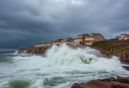 very realistic photography of the raging sea hitting a large rock creating a big splash near a village of houses with diverse colors, cloudy sky background