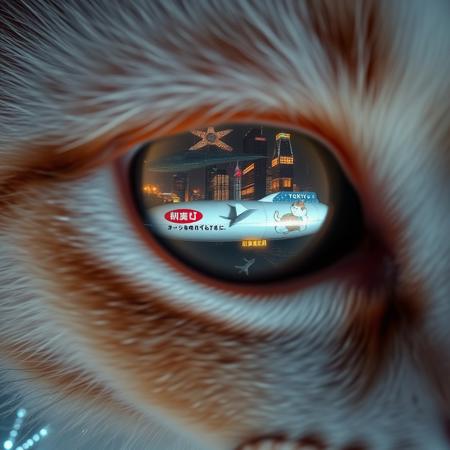 extreme close up portrait of a cat's eye reflecting the a futuristic Tokyo skyline at night from a very high level, the skyline is with futuristic skyscrapers and futuristic transports and futuristic aircraft and spaceships in a variety shapes and sizes, the airships covered with lights and advertisements in Japanese,  reflecting in the cat's eye is a huge airship that has an advertisement with a Japanese cat on the side, the cat's eye has takes up 85% of the image
