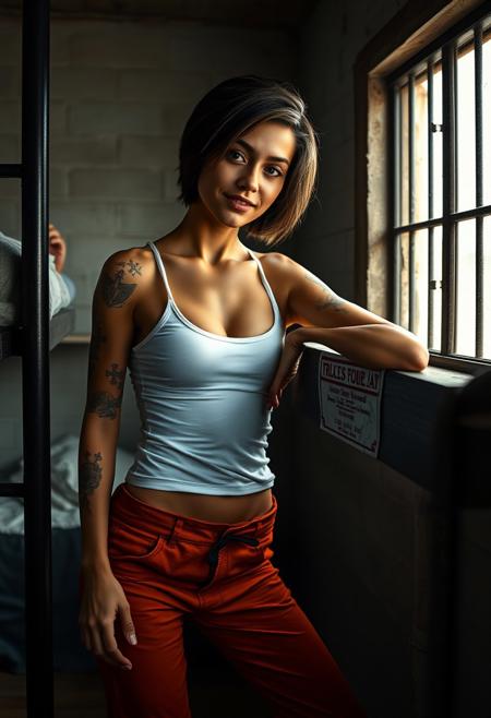downbluse,  nipslip, Inside a young 25-year-old Latina woman is present in the scene. She strikes a sexy pose, with her body slightly tilted as she leans against the wall next to the bunk. She’s wearing a white tank top and (dark orange pants:1.5). (Her hair is very short:1.4), blue eyes, perfecteyes, which appears both sensual and smile. Tattoos of crosses, stars, and sacred images are visible on parts of her body. The dim light filtering through the barred windows casts sharp shadows across the room, creating a contrast between the stark environment of the dormitory and her alluring pose. The image is rendered in a realistic style, capturing the tension between the tough  surroundings and her presence
