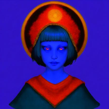 <lora:kokoshnik:1.0>, kokoshnik,  wearing hat, 
<lora:gravemudart:1>, gravemudart, simple background, horror \(theme\), demon-like head, scary face, strange, creepy, 1girl, arm up, armpits, blue background, blue eyes, cape, hair rings, highres, looking at viewer, multicolored, multicolored eyes, open mouth, purple hair, short hair, solo, upper body, violet eyes