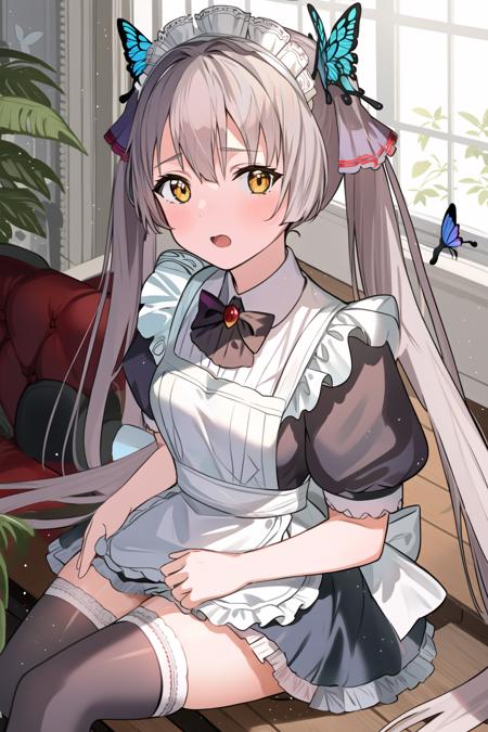 ogasahara hisame \(heaven burns red\), butterfly hair ornament, 1girl, solo, frills, apron, thighhighs, maid headdress, maid, dress, butterfly, black thighhighs, short sleeves, bug, blue butterfly, blurry, black dress, red bow, looking at viewer, sitting, bow, frilled dress, blurry background, open mouth, frilled thighhighs, brooch, depth of field, frilled apron, ribbon, red bowtie, white apron, blush, bowtie, adjusting clothes, jewelry, puffy sleeves, maid apron, parted lips, indoors, puffy short sleeves, hair ornament, small breasts, <lora:ogasahara_hisame:1:lbw=AACC>