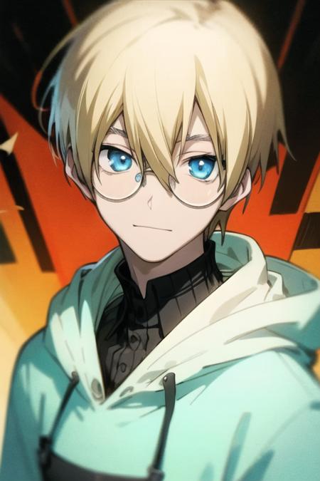 masterpiece, best quality, high quality, 1boy, solo, male focus, looking at viewer, upper body, <lora:william_macbeth:0.72>, william_macbeth, blonde hair, glasses, blue eyes, , hoodie