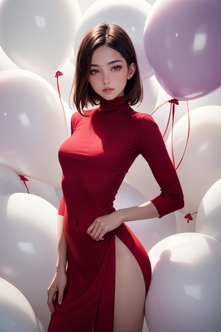 real human skin,RAW photo, fashion portrait photo of beautiful young woman from the 60s wearing a red turtleneck standing in the middle of a ton of white balloons,taken on a hasselblad medium format camera,film grain,Fujifilm XT3,<lora:GoodHands-beta2:1>