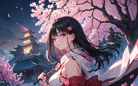 (best quality, masterpiece),(1girl, miko, coat, expression face, black eyes, looking at front ,black hair, walking, upper body), (night strray sky, huge old tree behind, falling glowing pink petals behind, shrine behind, mountain background, blowing wind, meteoric cloud)