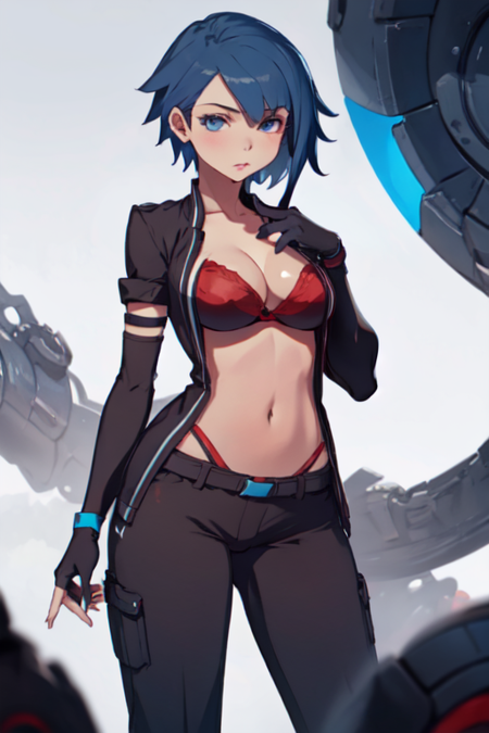 TaliaFutureFragments, 1girl, solo, short hair, blue hair, blue eyes, large breasts, gloves, navel, cleavage, red bra, pants, fingerless gloves, 