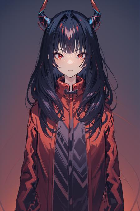 solo, 1girl, black hair, horns, red eyes, looking at viewer, grey background, gradient, closed mouth, gradient background, red coat, long hair, upper body, hood, coat, bangs, simple background, jacket, red jacket, open clothes 
//////////   <lora:saki2-000282:1>