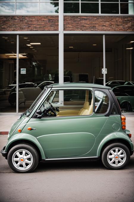 Weird Cars Concept,  a tiny bubble style green car parked in front of a building, <lora:EMS-58767-EMS:0.800000>