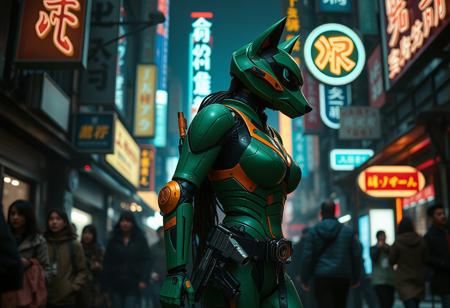 a cyberpunk robot samurai Anthro wolf woman, sleek green with orange trim exosuit like destiny, robot anthropomorphic wolf face with mirrored face shield, robot joints, body made of metals, cables and wires, she has a pair of ornate pulse pistols holstered at her hip, in sleek cyberpunk futuristic holsters. she has one hand on the handle of one of the pistols, in a cyberpunk city street, walking in a crowd, dim lighting from lots of large overhead neon signs, silhouetted in the gloom.  Perfect Composition, realistic photographic image, RAW photo highest quality, perfect directional lighting, she is looking out at the people in the street around her as if hunting.