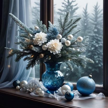 New Year's bouquet on the window,delicate,fir tree branches,cones,tinsel,pearls,Christmas tree toys,elegant vase,chiffon,luminous consisting of puffs of smoke,delicate large flowers,matte sheen,detailed drawing,dark background,lots of details,dark botanical, light flying translucent lush, Stardust, white, realistic, artwork, hyper-detailed photo], misty haze, hyper-realistic photo]transparent, blue tone, soft light, thin lines, twinkling lights