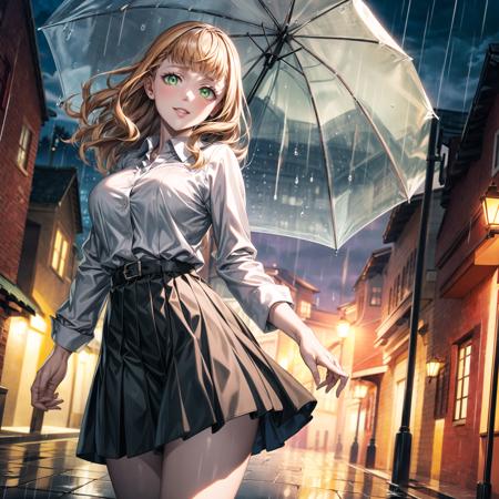 ((best quality)), ((highly detailed)), masterpiece, ((official art)),mimosa vermillion,orange hair,  (green eyes,  glowing green eyes), (collared shirt:1.3),holding umbrella, (water drop),(rain:1.2),(night:1.2),city, holding ,umbrella, puddle, solo, sidewalk, white shirt, shirt, black skirt,pleated skirt,belt,(light smile),lips, outdoors, brick wall, looking at viewer, pavement, formal,long sleeves, overcast, utility pole, collared shirt, cloudy sky,intricately detailed, hyperdetailed, blurry background,depth of field, best quality, masterpiece, intricate details, tonemapping, sharp focus, hyper detailed, trending on Artstation,1 girl, solo ,high res, official art