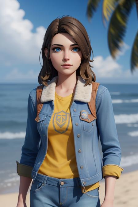 <lora:VRAMsSkye640:0.5>, xyzskye, 1girl, beautiful, portrait, masterpiece, 3d render, octane render, blue eyes, denim jacket, fluffy collar, yellow shirt, brown hair, 3d model, beach waves hair