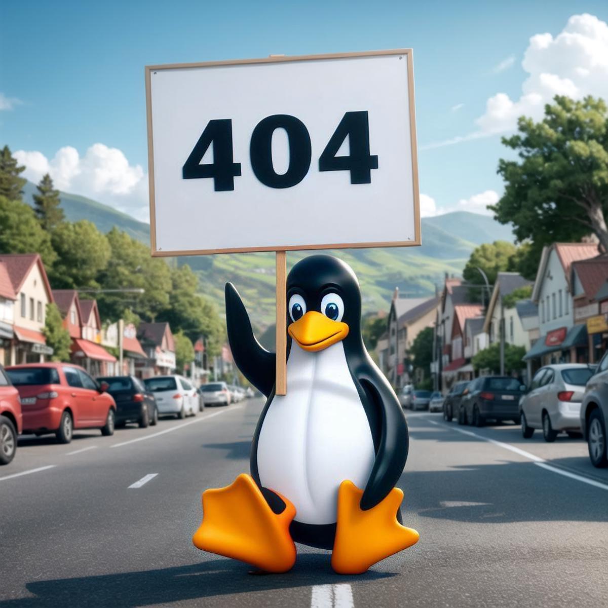 A penguin holding a 404 sign on a street.