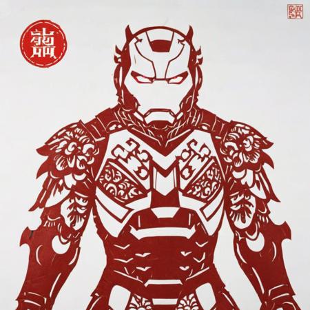 The image is a traditional Chinese paper-cut art piece, predominantly in red and white. In the center, Iron Man is portrayed with remarkable detail in the iconic armored suit, where the paper-cut technique creates an intricate, layered effect. The suit's design is captured in red, offering a striking contrast against the white background. The helmet, with its sleek lines and glowing eyes, is particularly emphasized, showing off the meticulous patterns that mimic traditional Chinese motifs. This fusion of modern superhero imagery with classical Chinese artistry creates a unique and visually compelling piece, <lora:cn_paper_cut:0.8>