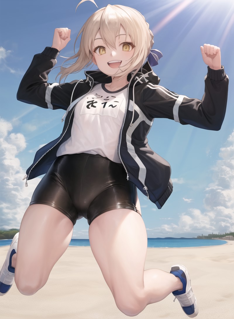 masterpiece, best quality, MHXA, white shirt, black shorts, (sport outfit), beach, jumping, hands up, smile, sunlight, jac...