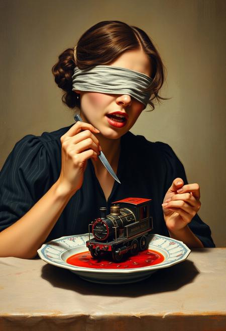 blindfolded woman is eating train model that is on a dish with folk and knife, in oil paintings,