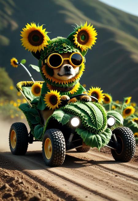 Made of Sunflowers, from side, closeup cute small 4WD buggy Made of Sunflowers, chihuahua driving, (wear round goggles:1.2), wear animal ears helmet Made of Sunflowers, run through on mountain dirt road, Dust, cinematic, cinematic lighting, (masterpiece, best quality:1.4), ultra-high res, 4k, Photorealistic, insanely detailed, sfw,