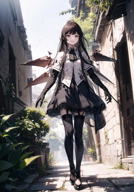 1girl, solo, Arturia,
BREAK long_hair,  bangs, skirt, medium_breasts, black_hair, very_long_hair, light_smile, closed_mouth,
BREAK black_footwear, high_heels, ascot, capelet, halo, white_capelet,  very long hair, (black wings:1.3), ((detached wings)), black eyes, wings, black_gloves, (elbow_gloves), black_thighhighs, blunt_bangs, black_skirt, lace-trimmed legwear,
BREAK walking, looking_away,
BREAK outdoors, (ruins), foreground_bushes, trees, bushes, stone_floor, sunshine, (tyndall_effect),
((masterpiece)), (highres), (best_quality), (highly_detailed),  (original),(Delicate background),(extremely detailed 8K wallpaper),cinematic lighting, volume lighting, light particles, shaded_face, beautiful_detailed_eyes, depth_of_field, perspective,<lora:阿尔图罗Arturia:0.8:lbw=char>,<PrivateLoRA:0.8>